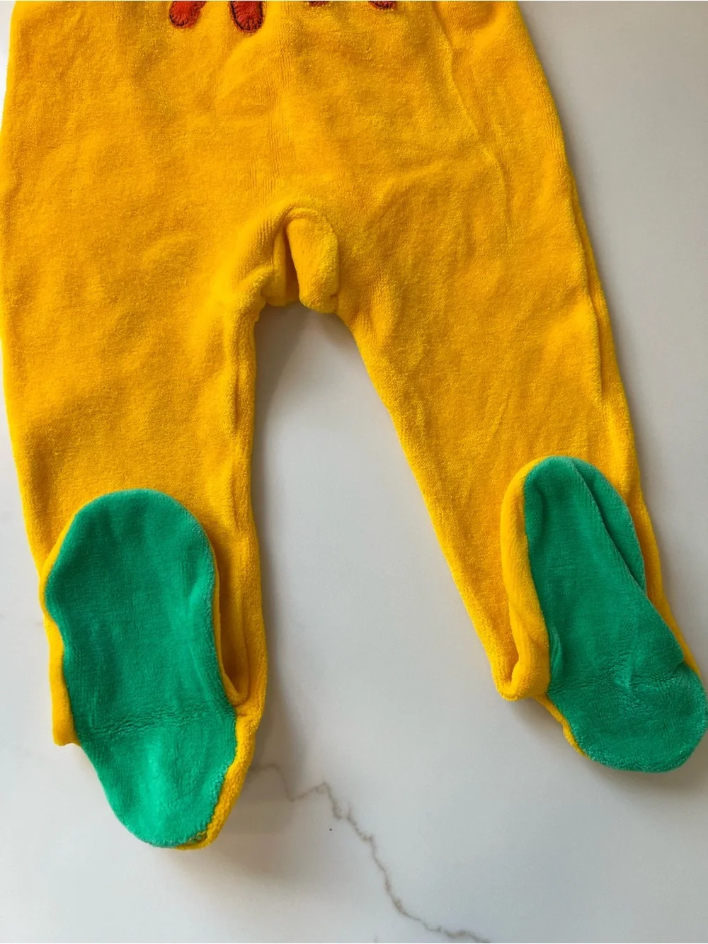 Vintage German Yellow Terry Cloth One-Piece Footed Romper with Cat Applique